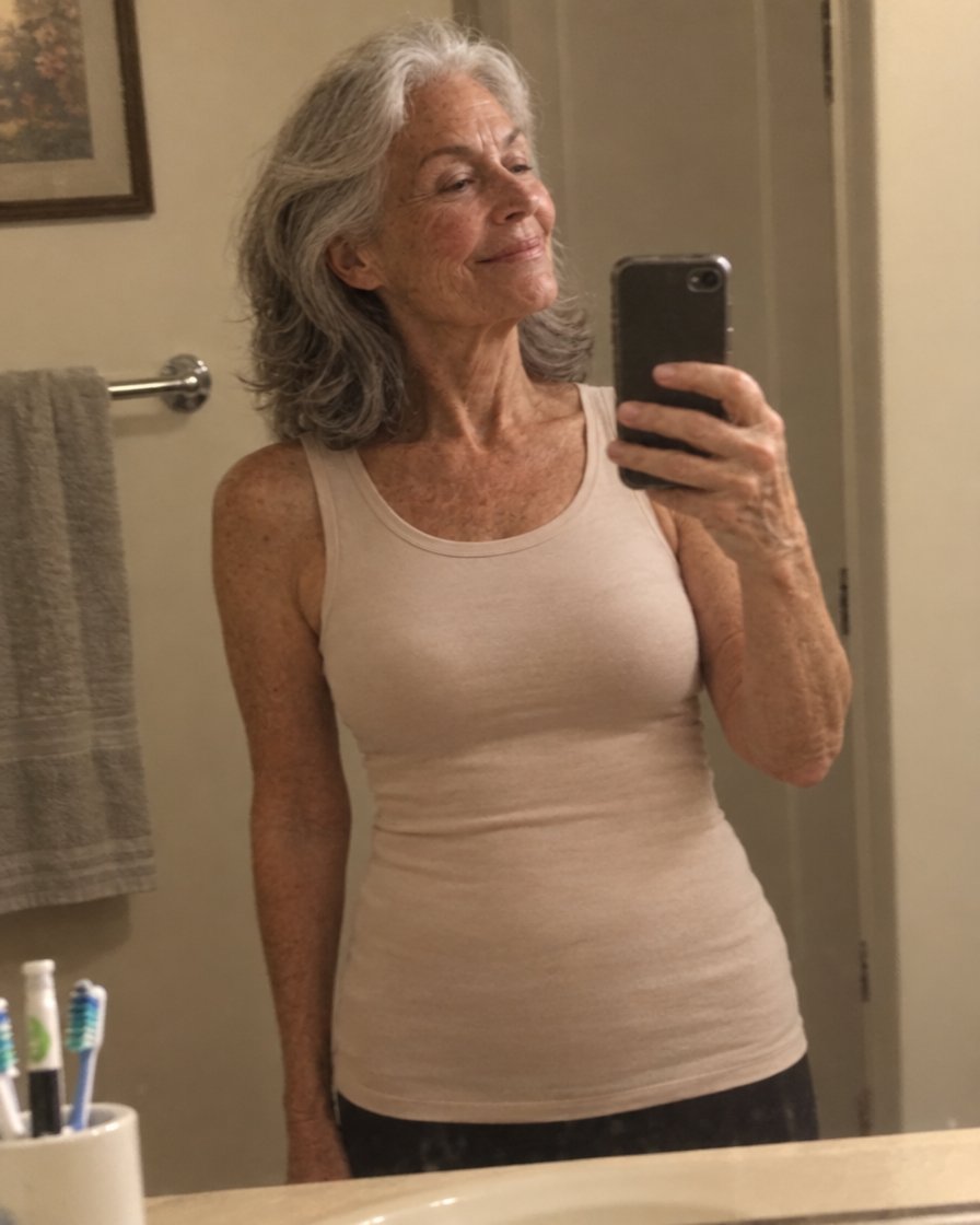 Woman over 60 getting dressed in front of a mirror