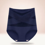 Blue high-waisted postpartum support brief with 360 cross bands