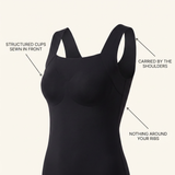 Built-in support cups sewn into the front of the vest top – not a shelf bra