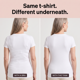 Without vs with — same t-shirt worn without and with the built-in bra tank top
