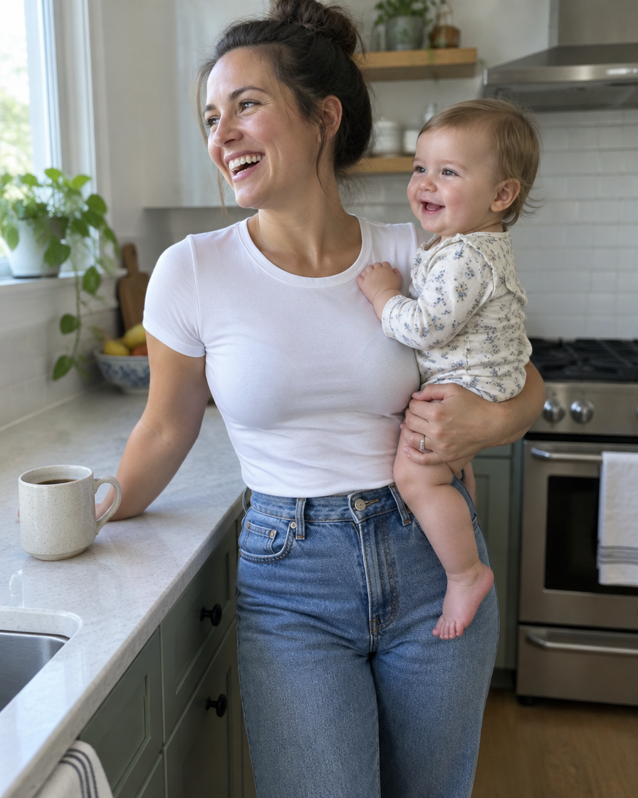 Mother holding her baby, smooth waistline under a fitted tee