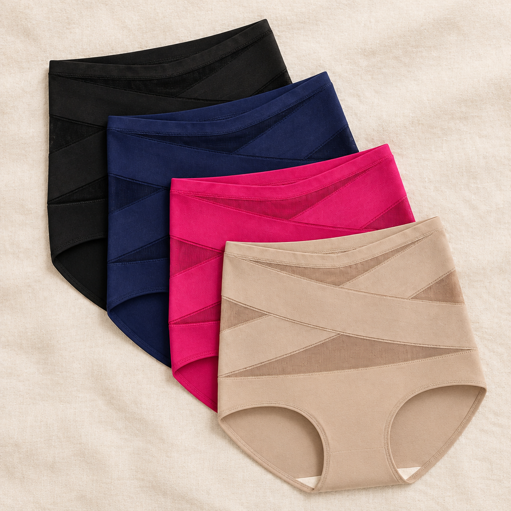 Postpartum support brief in black, beige, blue and pink